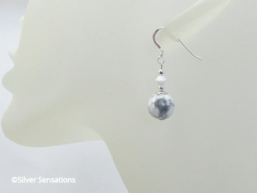 White & Pastel Grey Howlite Short Earrings With Premium Crystals & Sterl Silver