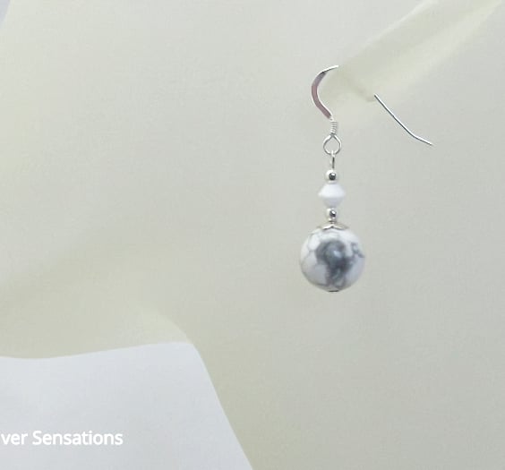 White & Pastel Grey Howlite Earrings With Premium Crystals & Sterling Silver