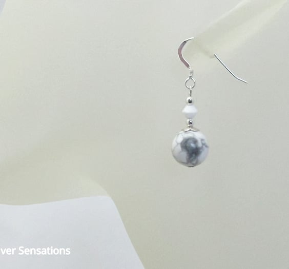 White & Pastel Grey Howlite Short Earrings With Premium Crystals & Sterl Silver