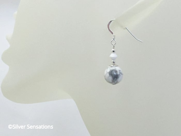 White & Pastel Grey Howlite Short Earrings With Premium Crystals & Sterl Silver