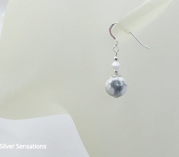 White & Pastel Grey Howlite Short Earrings With Premium Crystals & Sterl Silver