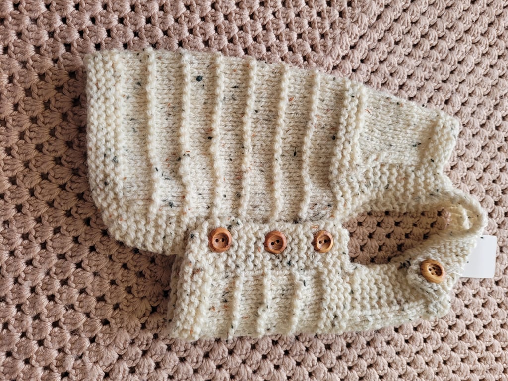 Dungarees style,  dog coat . Speckled cream yarn. Hand knitted 