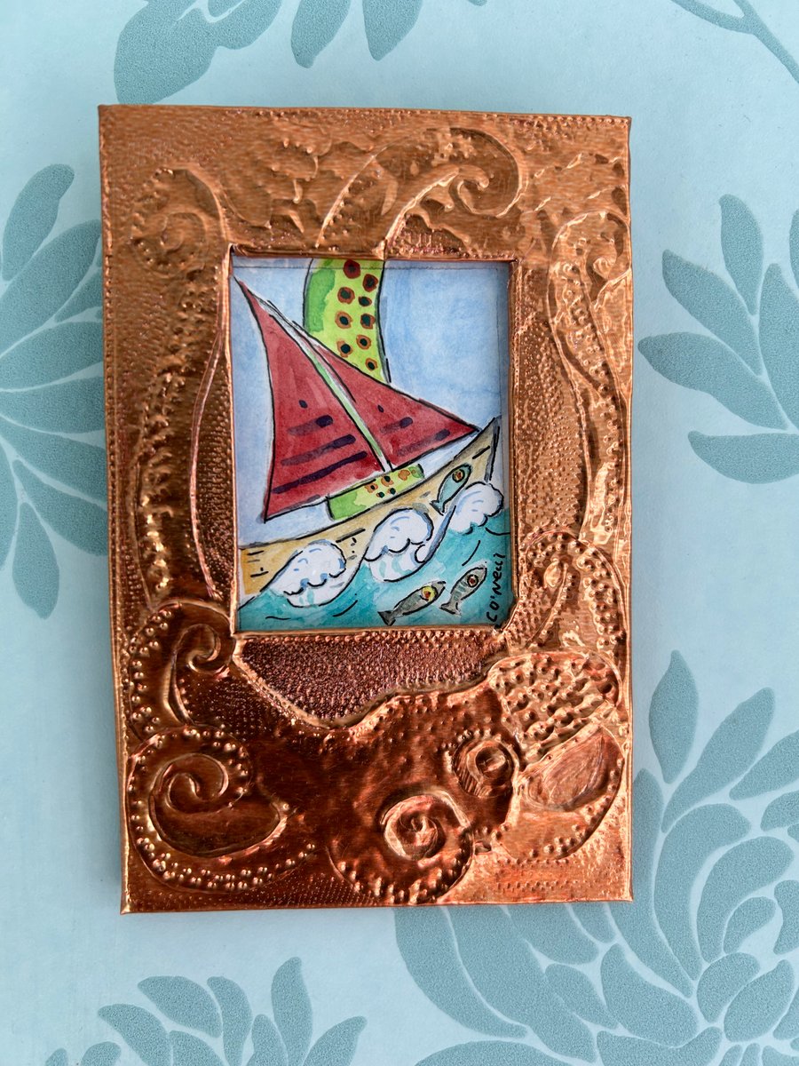 Small Sail Boat Adventures - copper framed watercolour.  Miniature Art