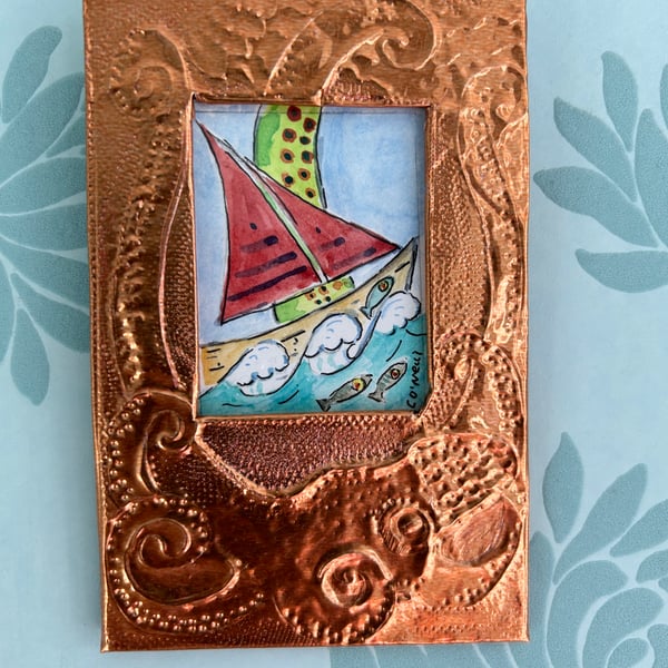 Small Sail Boat Adventures - Watercolour and Ink drawing in handmade frame