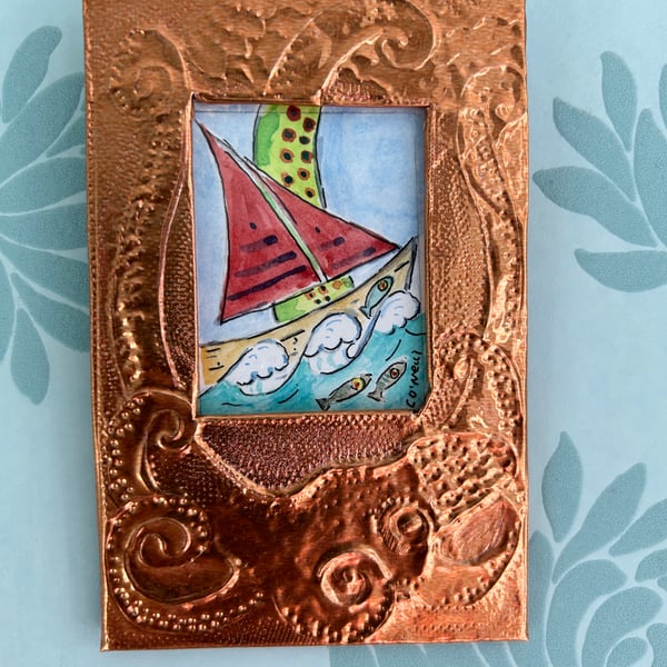 Small Sail Boat Adventures - copper framed watercolour.  Miniature Art
