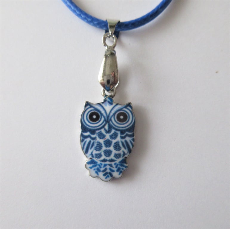 Owl Necklace Blue Cord with Cute Owl Charm