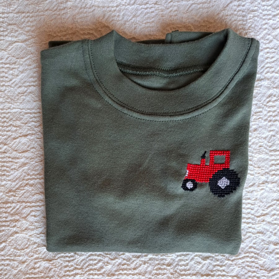 Tractor, T-shirt, age 6-12 months, hand embroidered