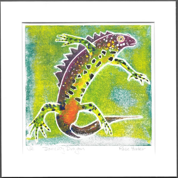 Dancing Dragon - newt, hand painted original lino print 022
