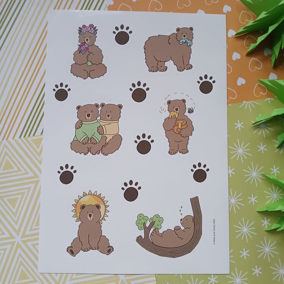Brown Bear A5 Sticker Sheet: Nature Stickers for Journals and Craft