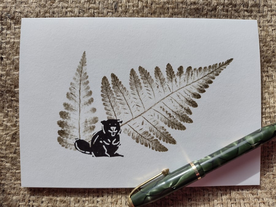Beaver. Image made on a printing press and a hand made stamp.