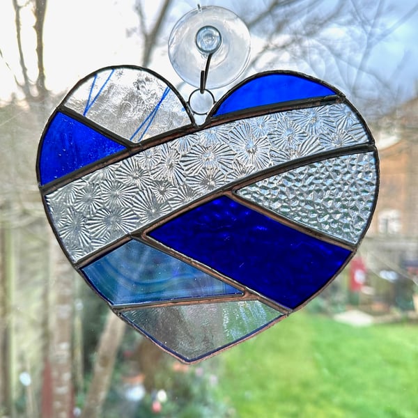 Stained Glass Patchwork Heart Suncatcher - Blue 