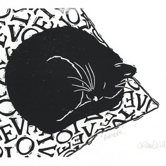 Black Cat Amore - Original Linocut Print