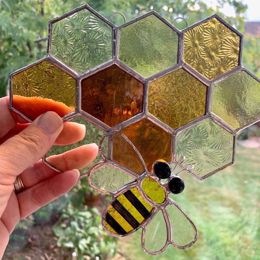 Stained Glass Honeycomb and Bee Suncatcher Large - Handmade Window Decoration