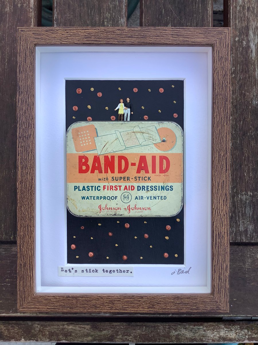 Valentine picture. Art. Let’s stick together. Vintage tin. Miniature couple. 