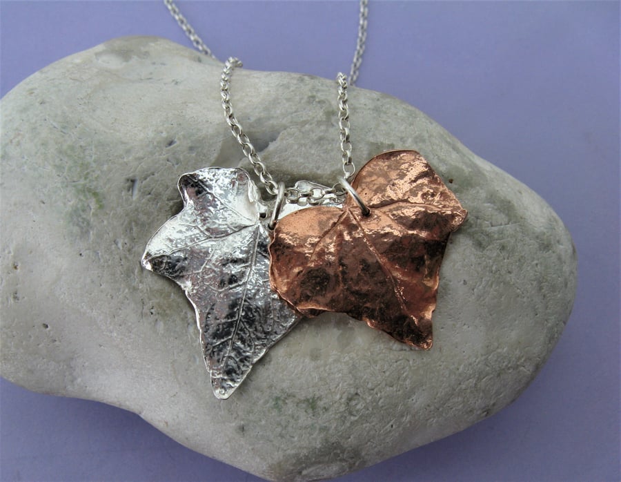 Silver and copper ivy leaf necklace - hallmarked