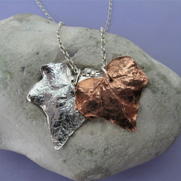 Silver and copper ivy leaf necklace - hallmarked