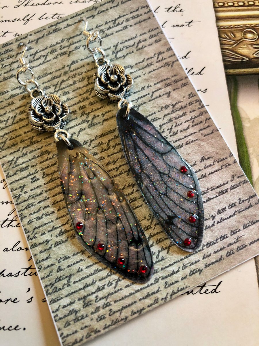 Red Swarovski Dark Fairy Wing Sterling Silver Rose Earrings