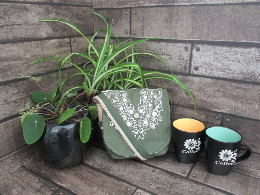 Upcycled Coffee Sack-Mini Shoulder Bag-Green with beige and white embroidery