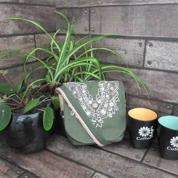 Upcycled Coffee Sack-Mini Shoulder Bag-Green with beige and white embroidery