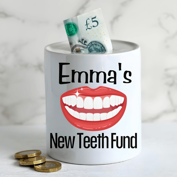 Personalised Ceramic Money Box -Novelty Present-NEW TEETH  Fund