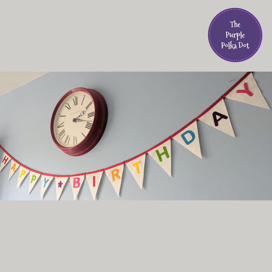 Happy birthday bunting handmade from wool blend felt with rainbow lettering