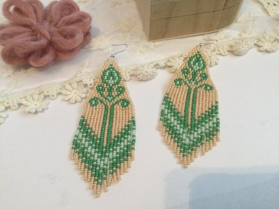 Beaded earrings ,Folk Art inspired handwoven beaded fringe earrings