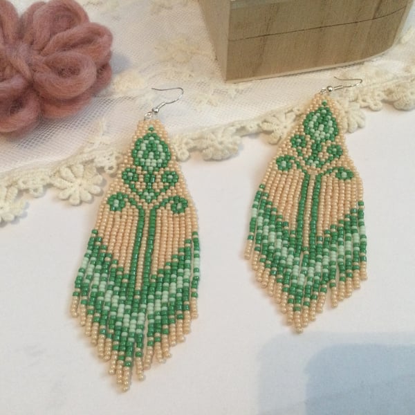 Folk Art inspired handwoven beaded fringe earrings, gift for boho girl