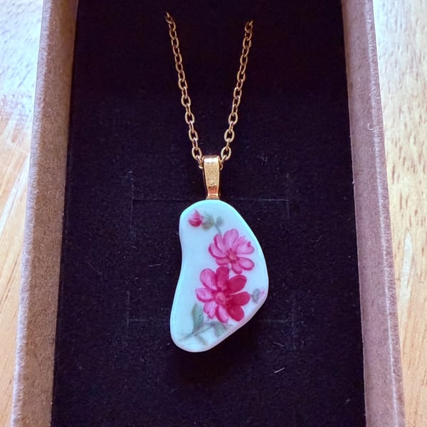 Upcycled bone china necklace pink floral