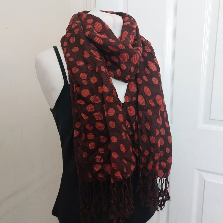 Brown dots hand printed African Batik Adire pashmina style shawl scarf