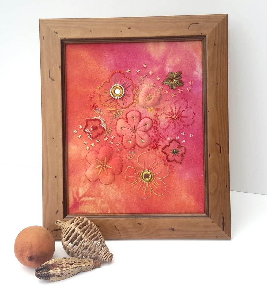 SALE-Hand Embroidered Trapunto Floral Picture, sewn onto Hand dyed Fabric