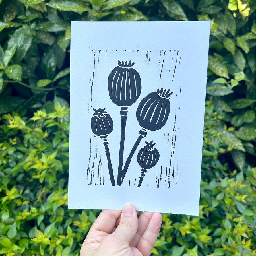'Poppyheads' A5 Original Lino Print 