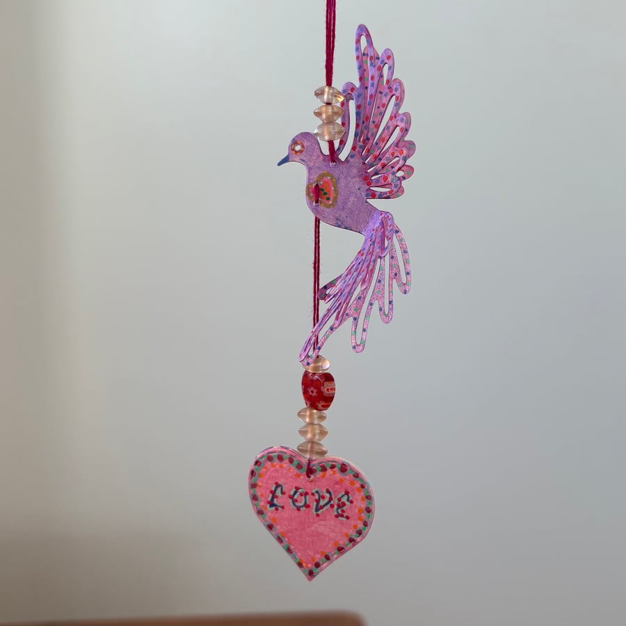 Hand Painted Hanging Decoration Love Token - ‘Love Bird - Lilac’