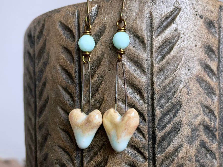 Artisan Ceramic Earrings. Rustic Heart Earrings. Mint Green Heart Earrings