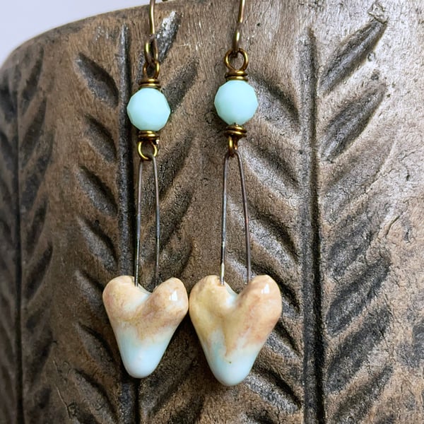 Artisan Ceramic Earrings. Rustic Heart Earrings. Mint Green Heart Earrings