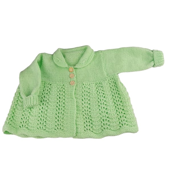 Collared Hand Knitted Baby Cardigan, Gender-Neutral, Light Green, Shower Gift