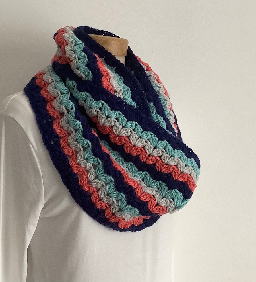 INFINITY SCARF , neckwarmer , cowl  ' The Islander' . Navy , coral . grey .