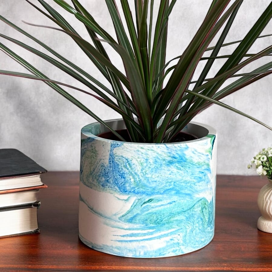 Large Plant Pot  -  Round Blue and Green Seascape Pot Cover (lpp26)