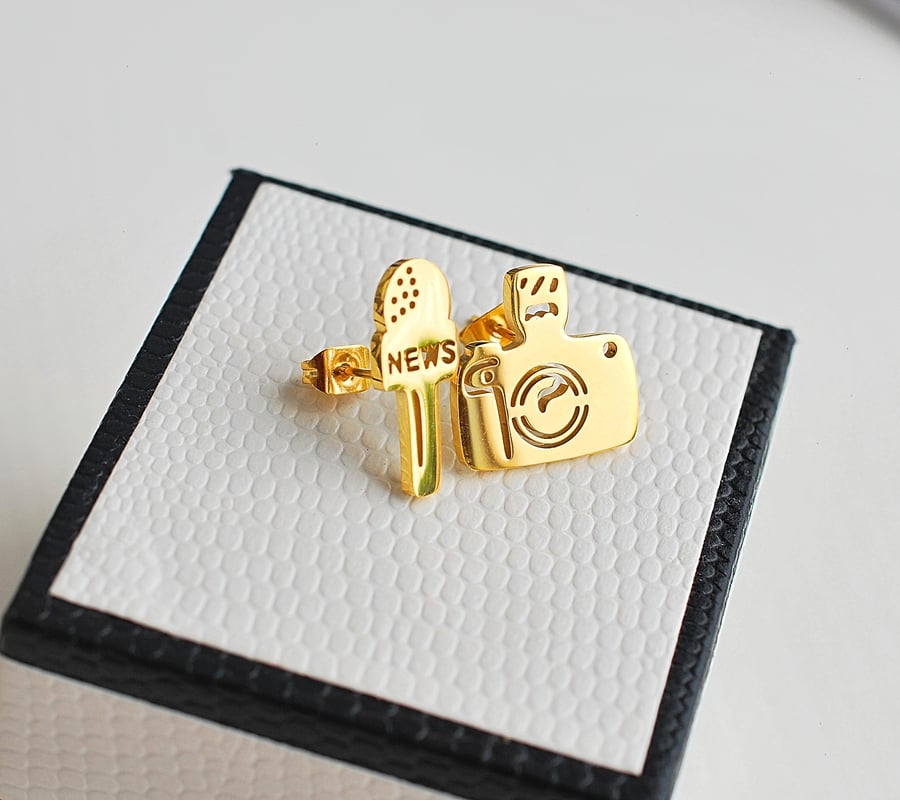 Television 18k Gold plated mic camera photo reporter chic women stud earrings