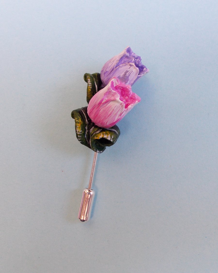 Pastel PINK & PURPLE TULIP PIN Floral Spring Wedding Lapel Flower HAND PAINTED