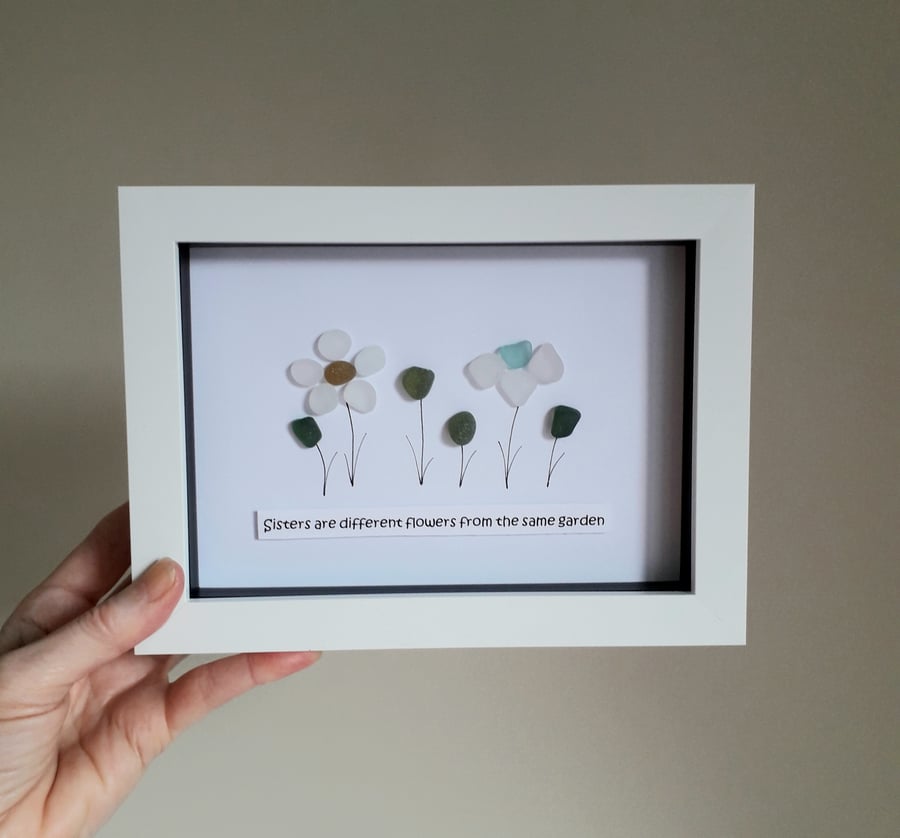Sea Glass Flower Art, gift for sisters with positive family quote