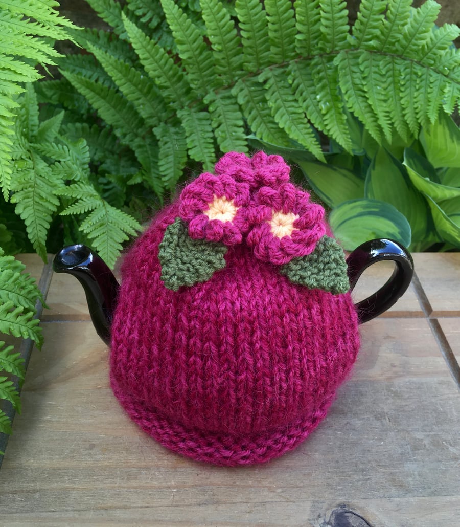 Magenta One Cup Tea Cosy, Small Mohair Flower Tea Cozy