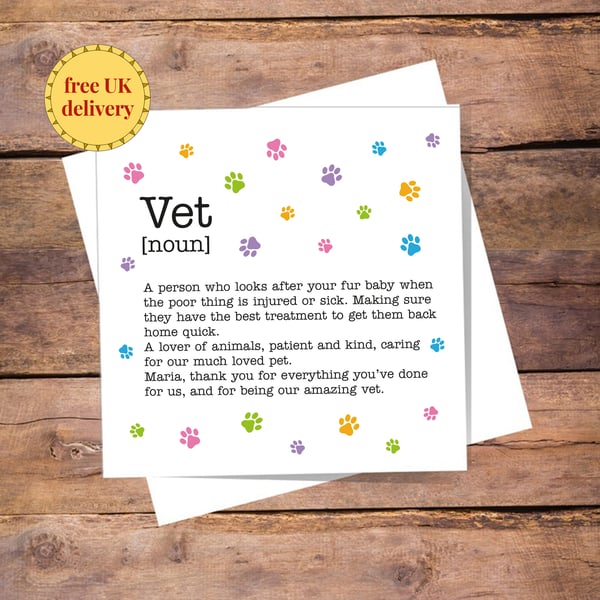 Vet Definition Card - Birthday, Thank you, personalised, blank inside