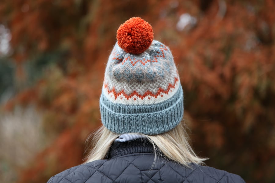 Hand knit wool bobble hat. Multicoloured winter fairisle pompom beanie  hat. 