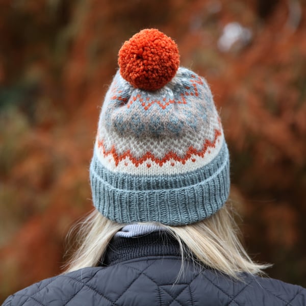 Hand knit wool bobble hat. Multicoloured winter fairisle pompom beanie  hat. 