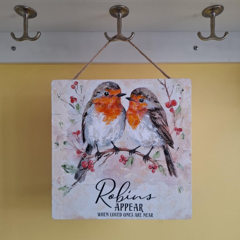Handmade Hanging Sign with Robins Decoupaged & Hand Painted Home Decor