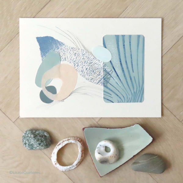 A subtly coloured mixed media collage depicting gentle erosion by wind & water
