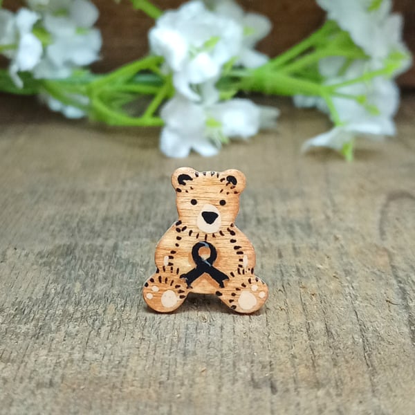 Skin Cancer Awareness Bear Pin, Handmade Black Ribbon Tiny Teddy Brooch