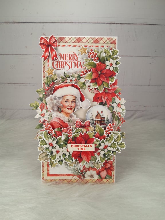Handmade Christmas Card with Santa Lady. Luxury Layered Festive Card(16)