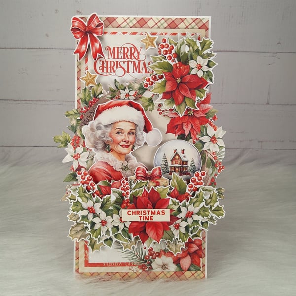 Handmade Christmas Card with Santa Lady. Luxury Layered Festive Card(16)