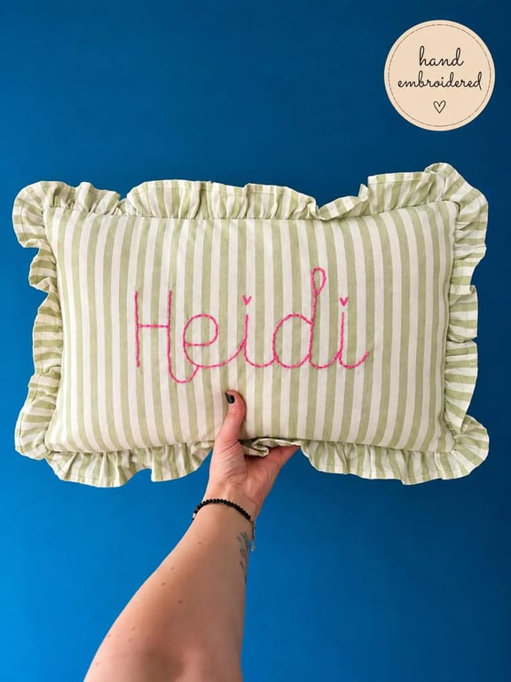 Personalized Hand Embroidered Name Cushion: Green Ruffle Stripe Nursery Decor